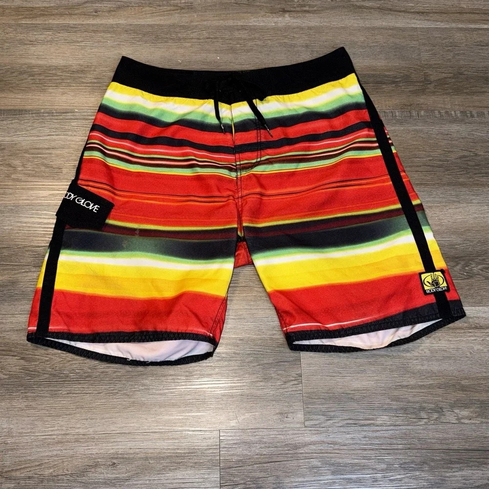 VTG Body Glove Board Shorts Mens Medium Vibrant-Horizontal Rasta-Striped Pattern